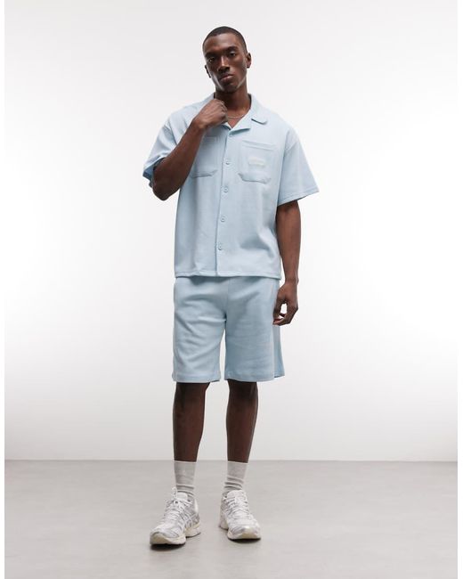 Prohibited Blue Short Sleeve Revere Collar Waffle Shirt Co-ord for men