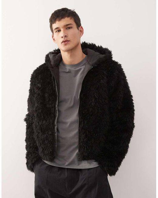 Weekday Black Faux Fur Jacket With Hood for men