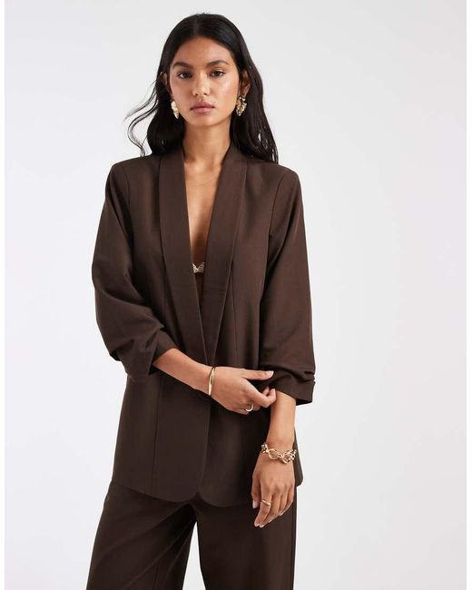 Pieces Brown Ruched Sleeve Tailored Blazer