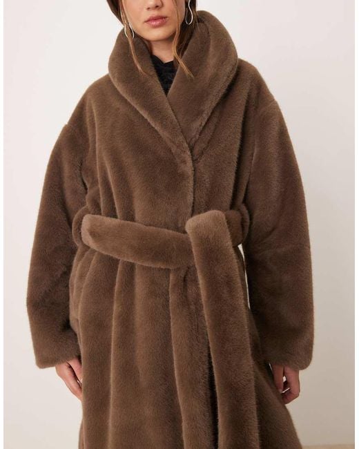 Gina Tricot Brown Faux Fur Belted Long Coat