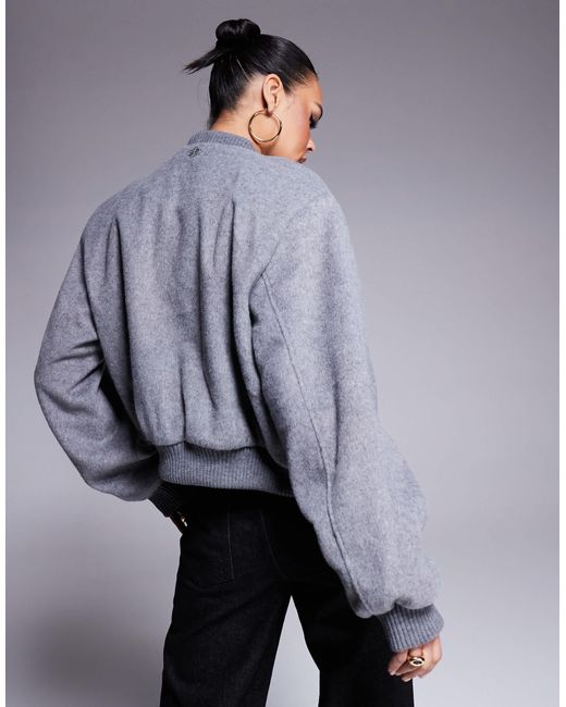 The Couture Club Gray Shoulder Pad Wool Blend Bomber Jacket