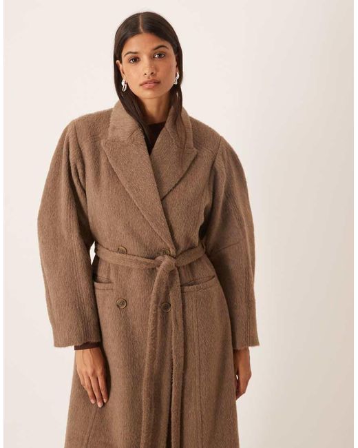 ASOS Natural Brushed Coat With Dome Sleeve And Skinny Belt