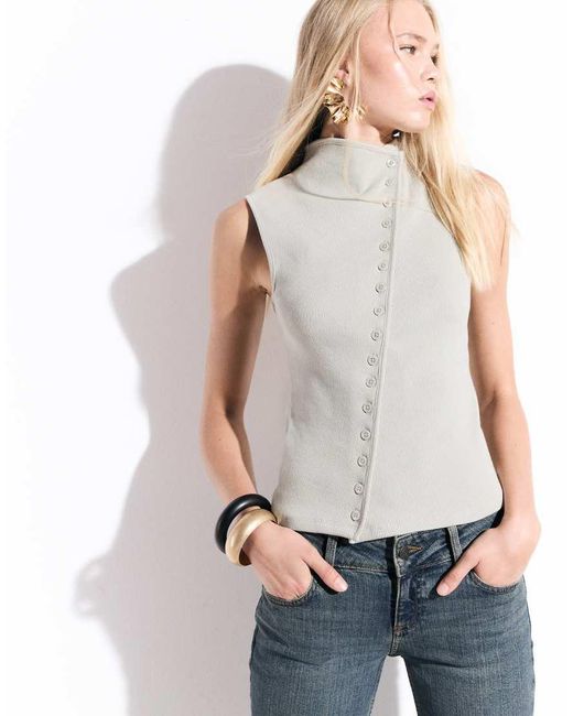 Weekday Natural Asymmetric Button Down Mock Neck Top