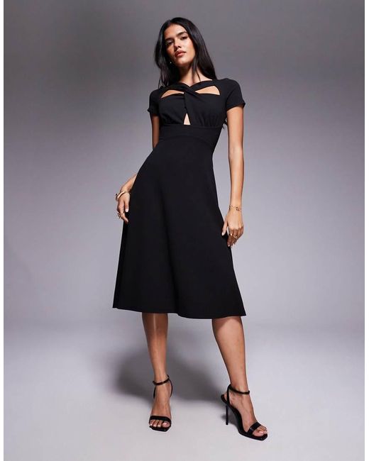 Goddiva Black Crepe Twist Cutout Midi Dress