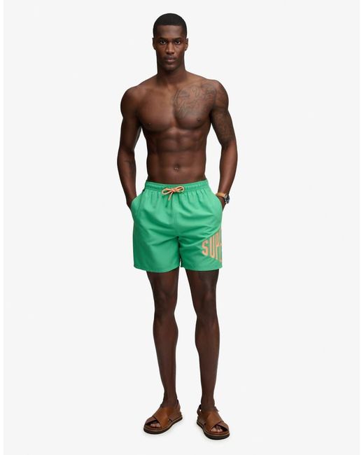 Superdry Green Printed Logo 16-Inch Swim Shorts for men