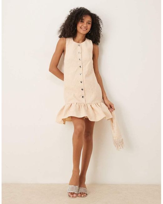 Ghospell Natural Ruffle Hem Jacquard Mini Dress