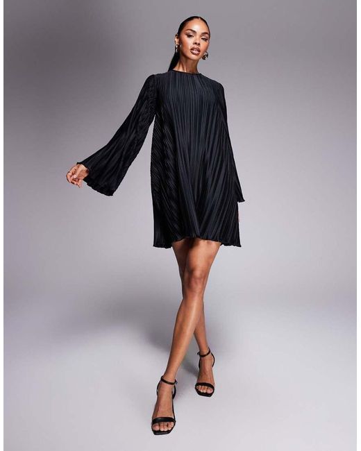 ASOS Blue Plisse Wide Sleeve Mini Dress With Back Bow Detail