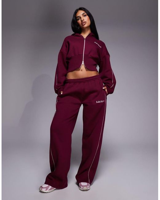 Kaiia Purple Sport Cotton Rich Embroide Logo Cropped Zip Up Hoodie Co-ord