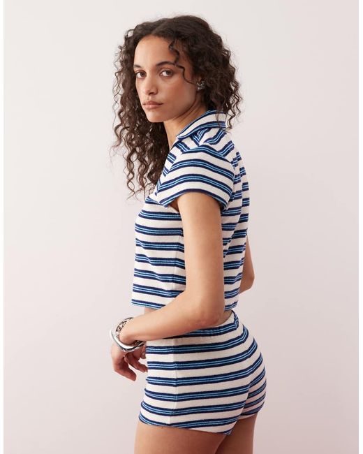 Collusion Blue Towelling Striped Polo Top Co-Ord