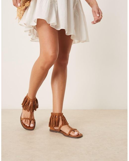 ASOS Brown Feather Studded Fringe Flat Sandals