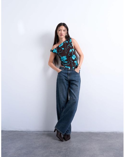 TOPSHOP Blue Floral Print One Shoulder Asymmetric Top