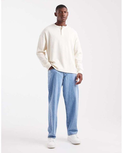 Jack & Jones White Oversized Waffle Long Sleeve Henley Neck T-shirt for men