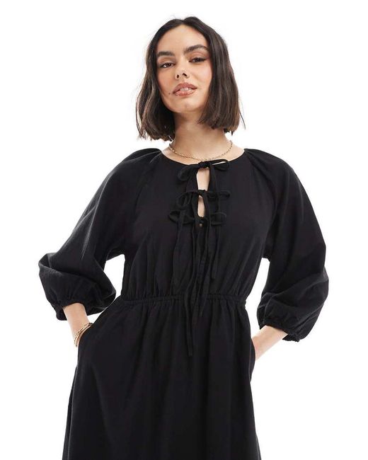 New Look Black Tie Front Tiered Smock Midi Dress