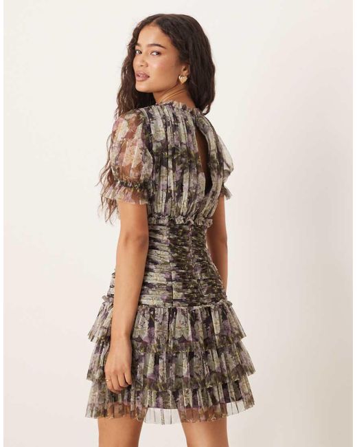 ANAYA Natural Floral Print Short Sleeve Gathered Mini Dress
