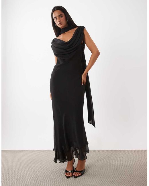 ASOS Black Draped Off Shoulder Scarf Detail Double Layer Maxi Dress