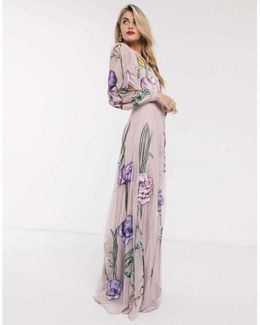 ASOS Pink Maxi Dress With Cut Out Back And Oversized Floral Embroidery