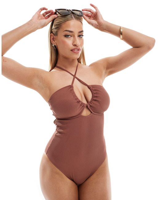 Ivory Rose Natural Fuller Bust Dual Sized Upside Down Halter Neck Ribbed Beaded Swimsuit