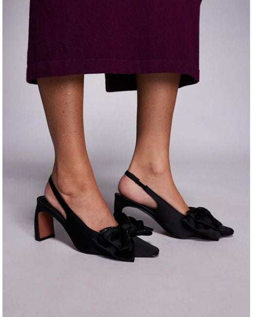 River Island Black Satin Embellished Bow Detail Low Court Heel