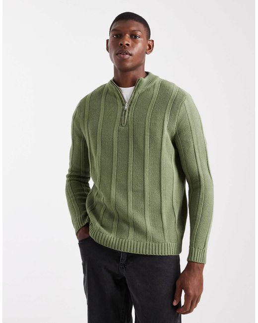 ASOS Green Knitted Half Zip Funnel Neck Jumper for men