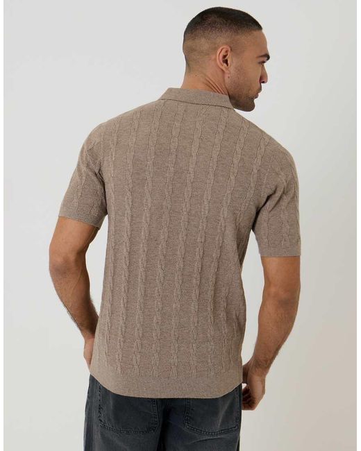 Threadbare Brown Cable Stripe Knitted Button Polo for men