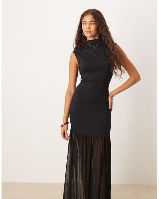 ASOS Black High Neck Detail Maxi Dress With Mesh Skirt