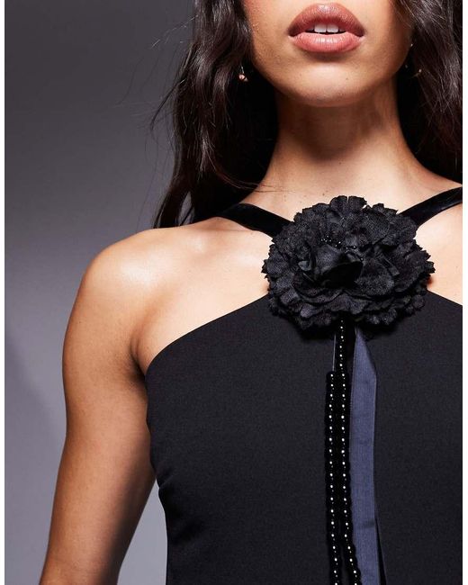 Goddiva Blue Racer Neck Corsage Maxi