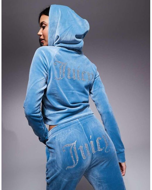 Juicy Couture Blue Diamante Logo Velour Zip Through Hoodie Co-Ord