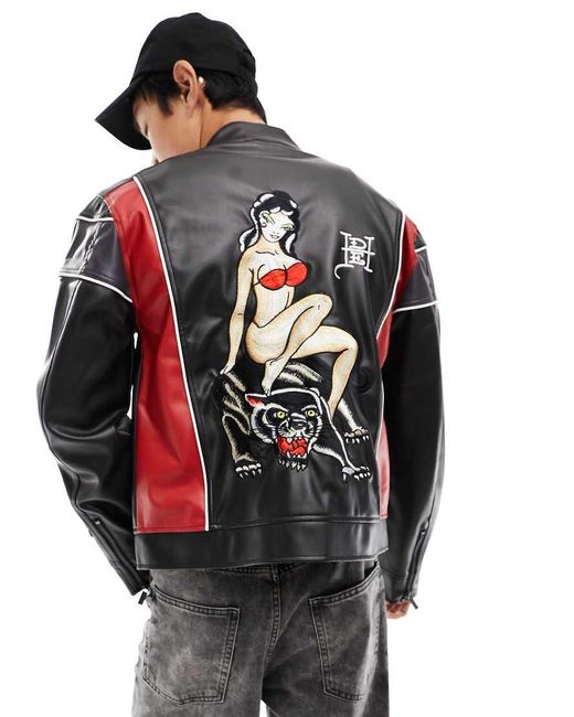 Ed Hardy Gray Oversized Faux Leather Moto Jacket With Lady Back Print for men