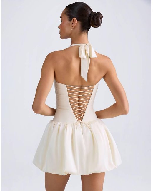 Oh Polly White Satin Halter Neck Ruched Bandeau Bubble Hem Mini Dress