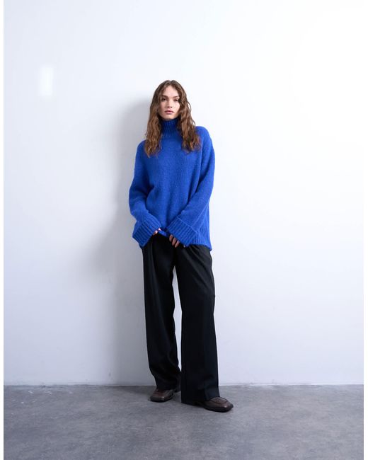 TOPSHOP Blue Oversized High Neck Longline Knit Sweater With Neck Detail