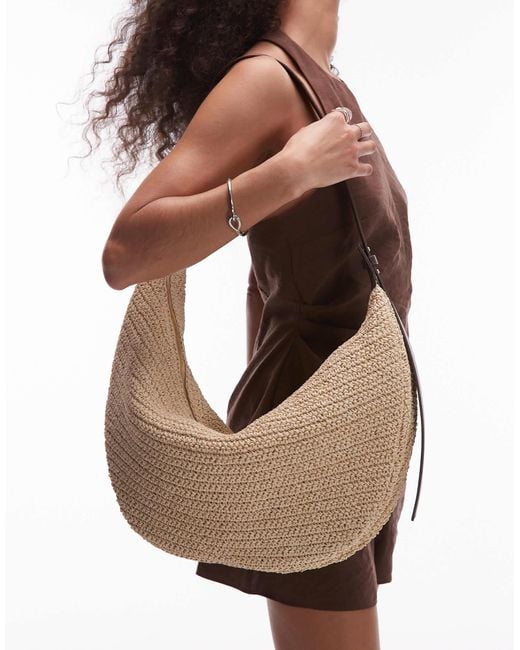 ARKET Natural Straw Curved Slouchy Shoulder Bag With Black Leather Details