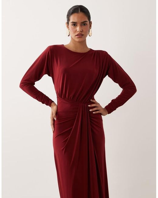 Forever New Red Slinky Long Sleeve Drape Detail Maxi Dress