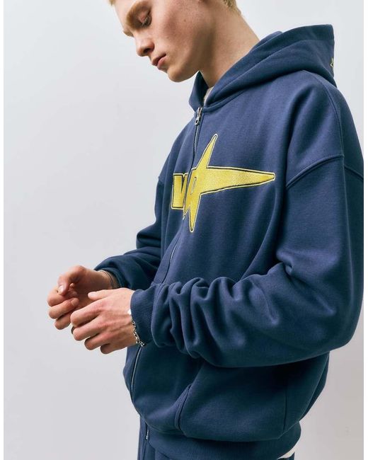 Pull&Bear Blue Stwd Zip-Up Hoodie for men