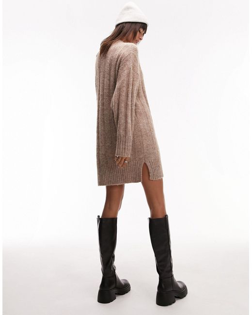 TOPSHOP Brown Knitted Funnel Neck Wide Rib Mini Dress