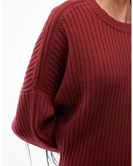 ARKET Red Pure Wool Ribbed Sweater With Cinched Waist And Batwing Sleeves