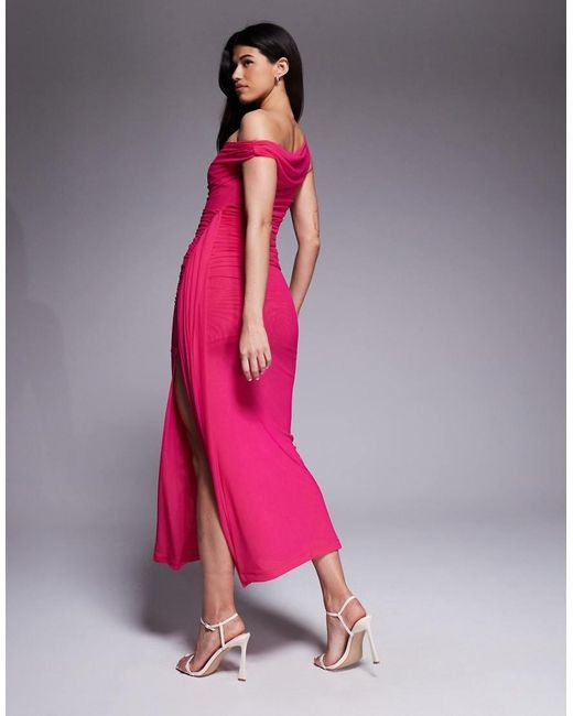 Bardot Pink Layana Mesh Twisted One Shoulder Ruched Midaxi Dress