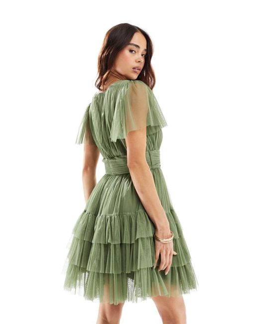 LACE & BEADS Green Bridesmaid Madison V Neck Tulle Mini Dress