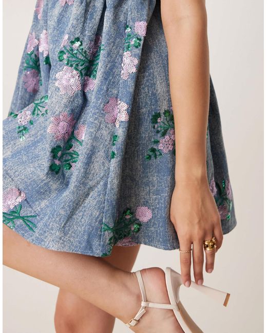 Sister Jane Blue Dream Floral Embellished Smock Mini Dress