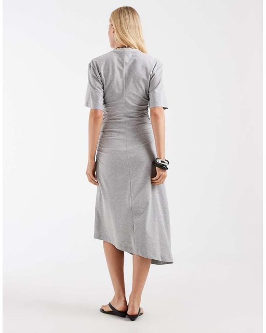 & Other Stories White Ruched Asymetric Hem Jersey Midi Dress