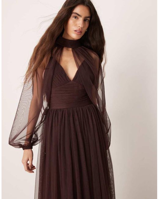 LACE & BEADS Brown Tulle Detachable Sheer Balloon Sleeve Maxi Dress