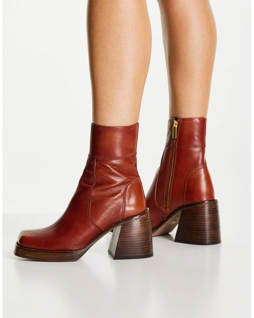 ASOS Region Leather Mid-heel Boots in Brown - Lyst