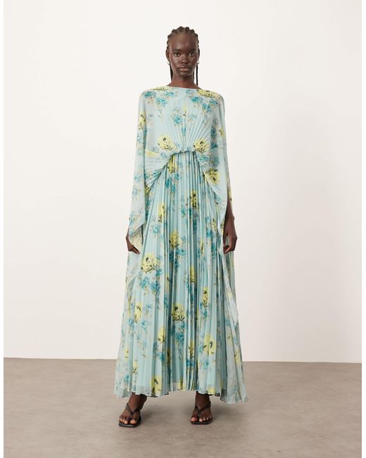 ARRANGE Green Chiffon Pleat Volume Maxi Dress With Wide Sleeve