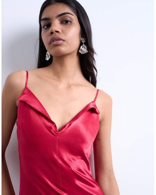 Vestido Lencero Largo De Tirantes Con Bordes Plegados De Satén De -Rojo TOPSHOP de color Red