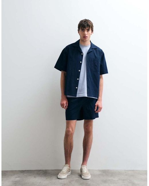 ASOS COLLECTIVE Blue Relaxed Cotton Shirt With Linen for men