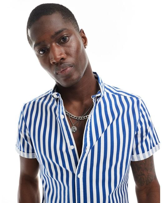 ASOS Blue Stretch Slim Oxford Stripe Shirt for men