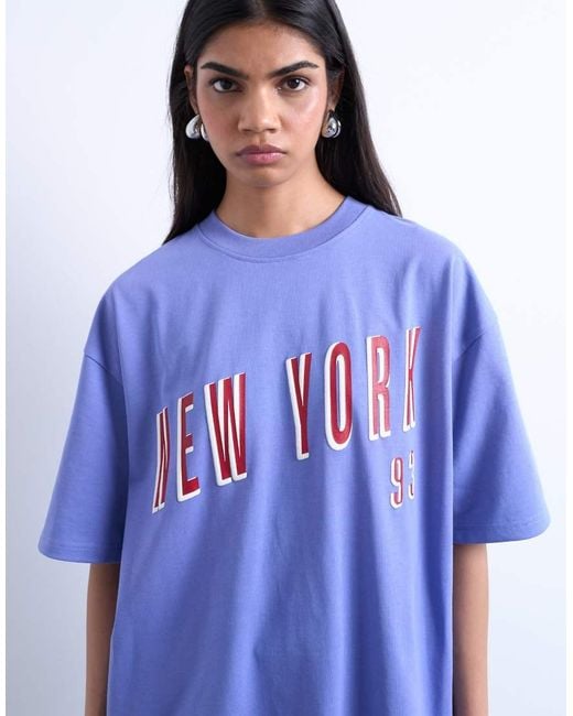 T-Shirt Oversize Con Grafica "New York" di TOPSHOP in Blue