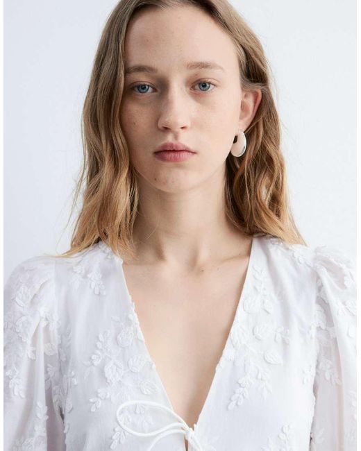 & Other Stories White Embroidered Mini Dress With Front Tie Detail And Tiered Hem