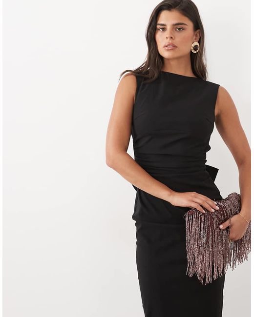 TFNC London Black Bengaline Slash Neck Open Back Bow Detail Maxi Dress