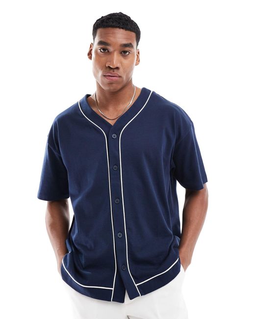 ASOS Blue Oversized Fit Button Up Baseball T-shirt With Contrast Piping for men
