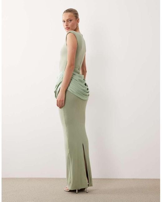 Wanderdoll Green Eman Sleeveless Slash Neck Satin Drape Waist Detail Bodycon Maxi Dress